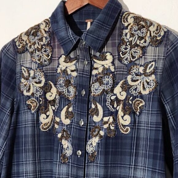 Free People Stevie's Embellished Blue Gray S Plaid Button Down Flannel Pockets - Picture 2 of 5
